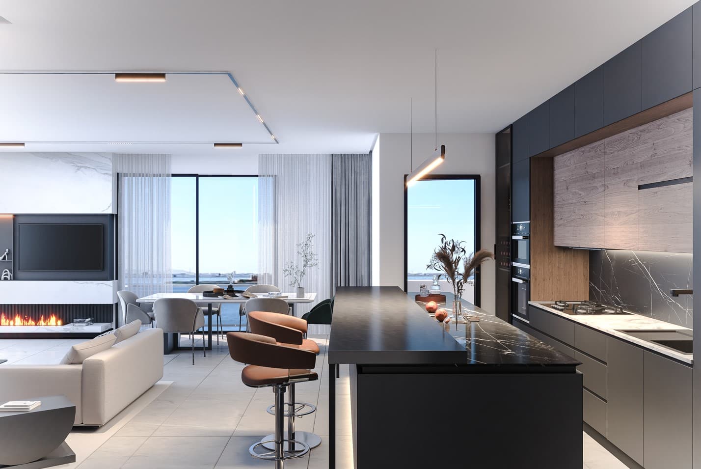 Cuisine ouverte Cuisina avec îlot central noir, meubles en bois et espace de vie moderne lumineux. Signature residence